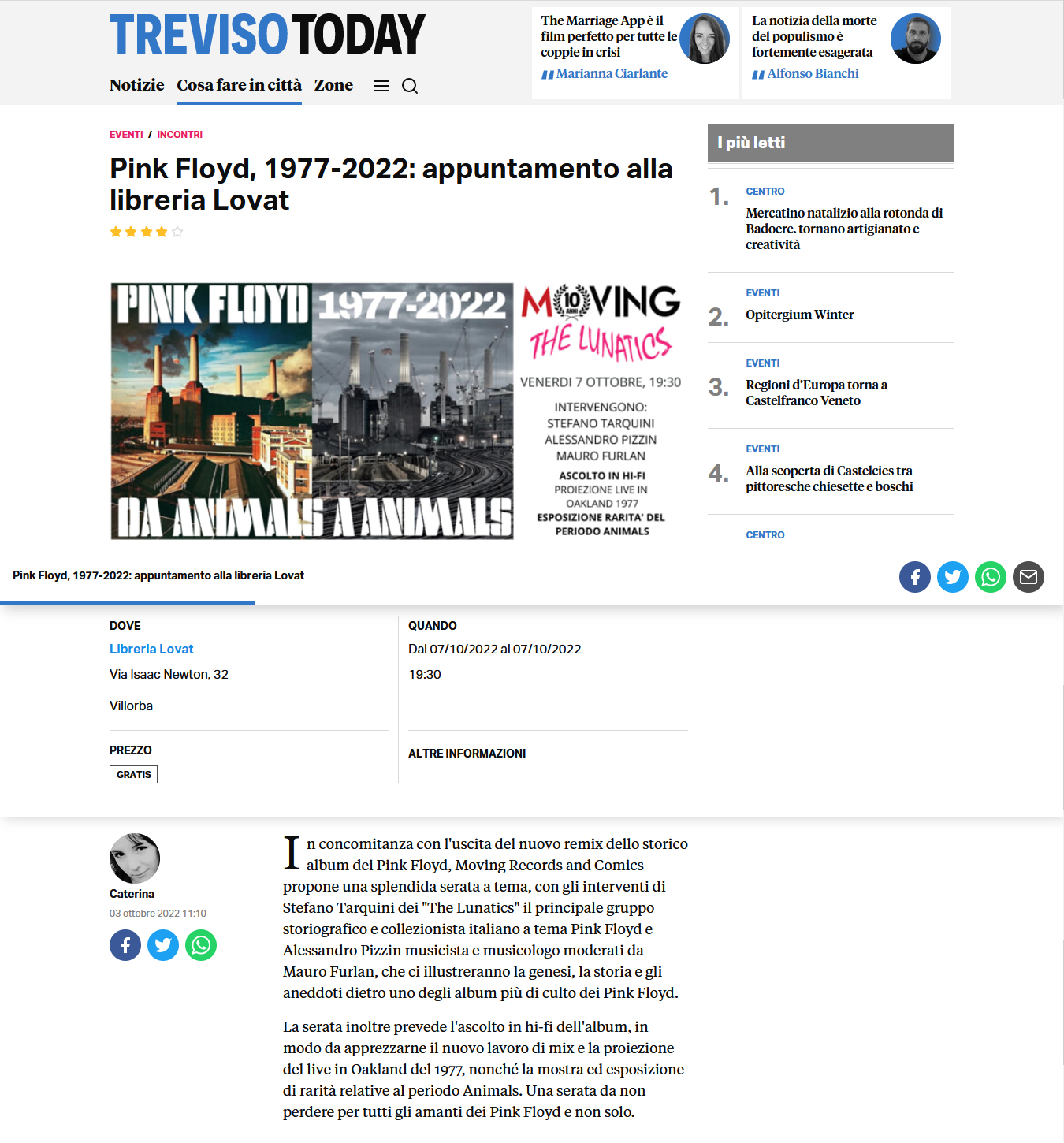 Presentazione Pink Floyd ANIMALS 1977-2022 - Villorba 7 ott. 2022 web news
